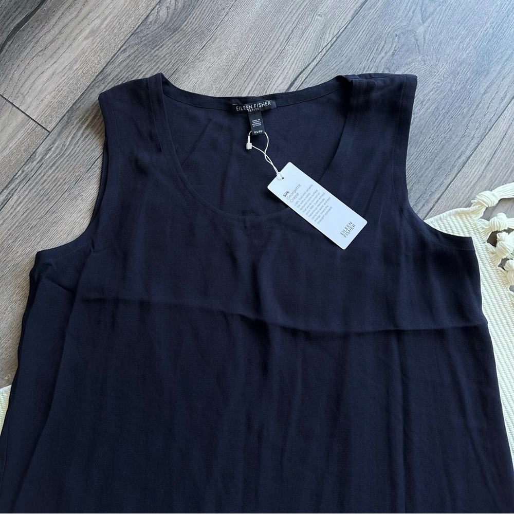 Eileen Fisher Petite Silk Georgette Navy Blue Asymmetric Sleeveless Dress - Picture 3 of 6
